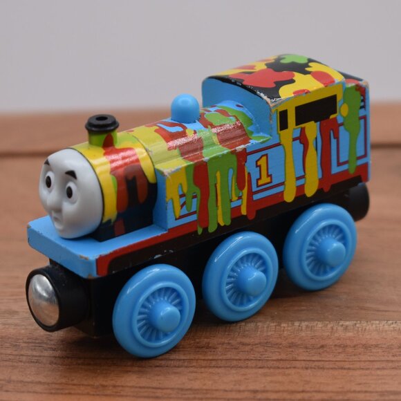Learning Curve Other - Paint Splattered Thomas the Train Wooden Railway Tank Engine Friends 2003 Rare